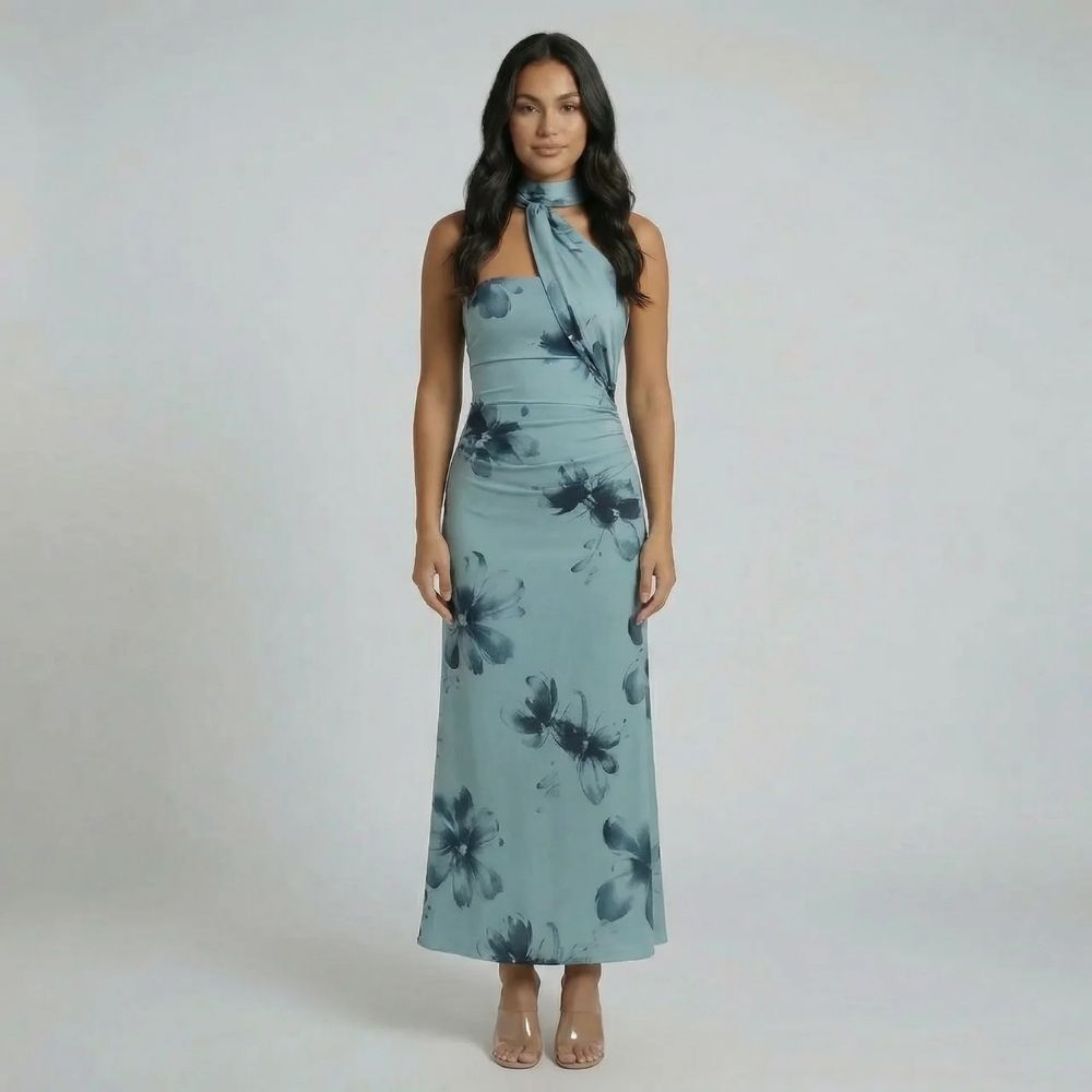 Black scarf maxi dress with halter neckline — styled shot with ankle-length elegance.