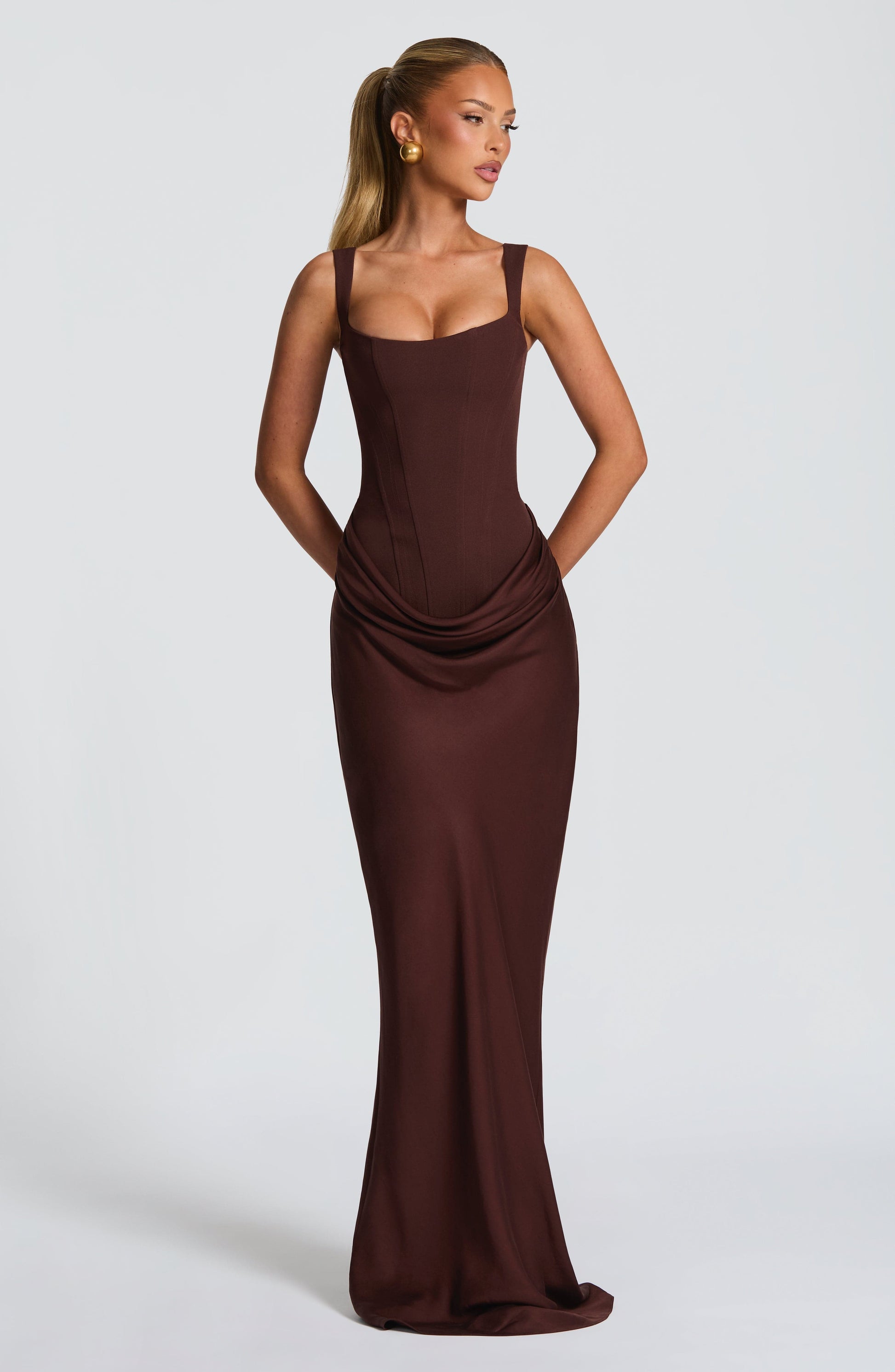 Women square neck maxi dress, back view