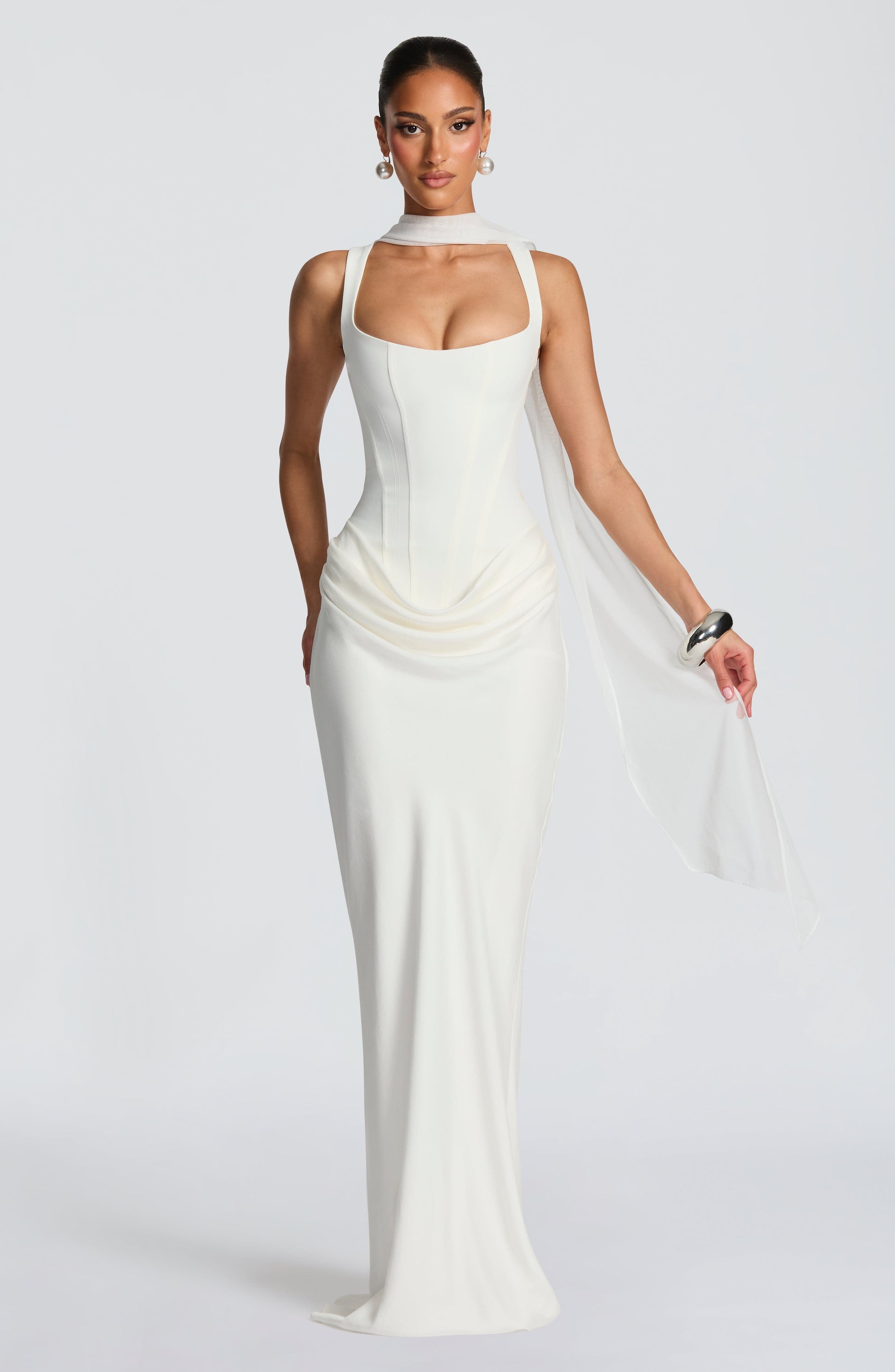 Women ivory square neck maxi dress, detail close-up