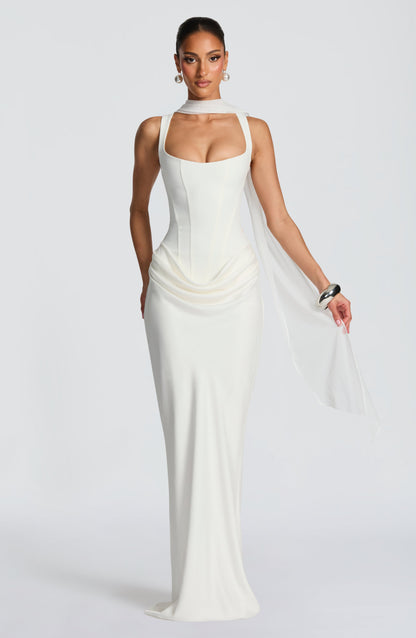 Women ivory square neck maxi dress, detail close-up