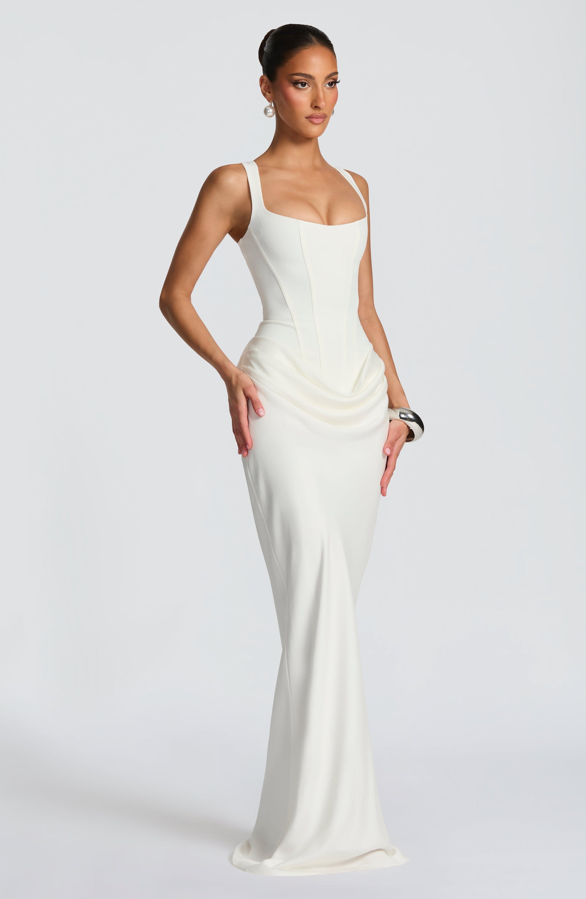 Women ivory square neck maxi dress, detail close-up