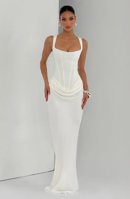 Women ivory square neck maxi dress, side view