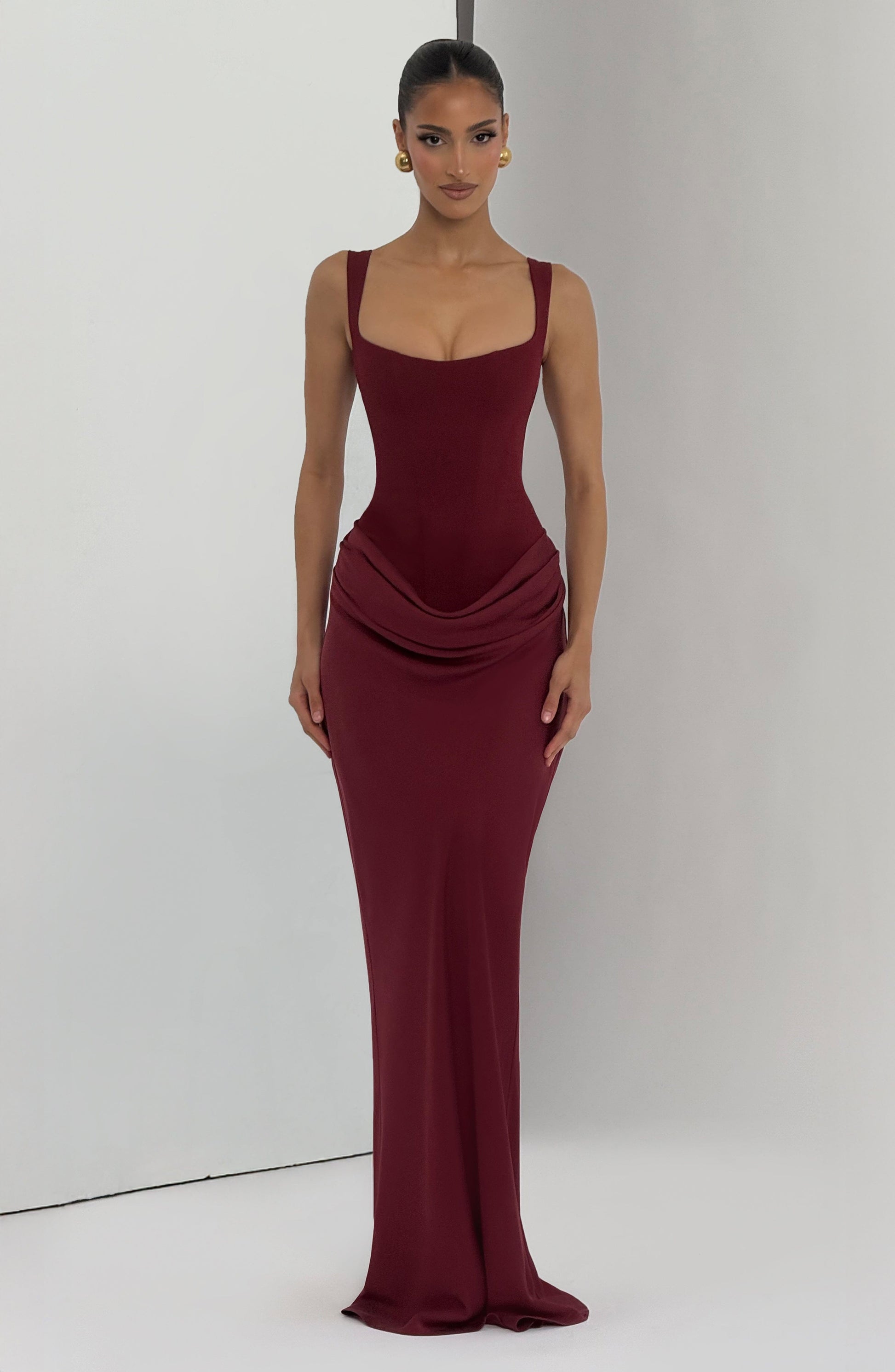 Women burgundy square neck maxi dress, front view