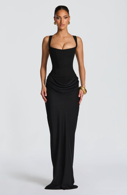 Women black square neck maxi dress, back view
