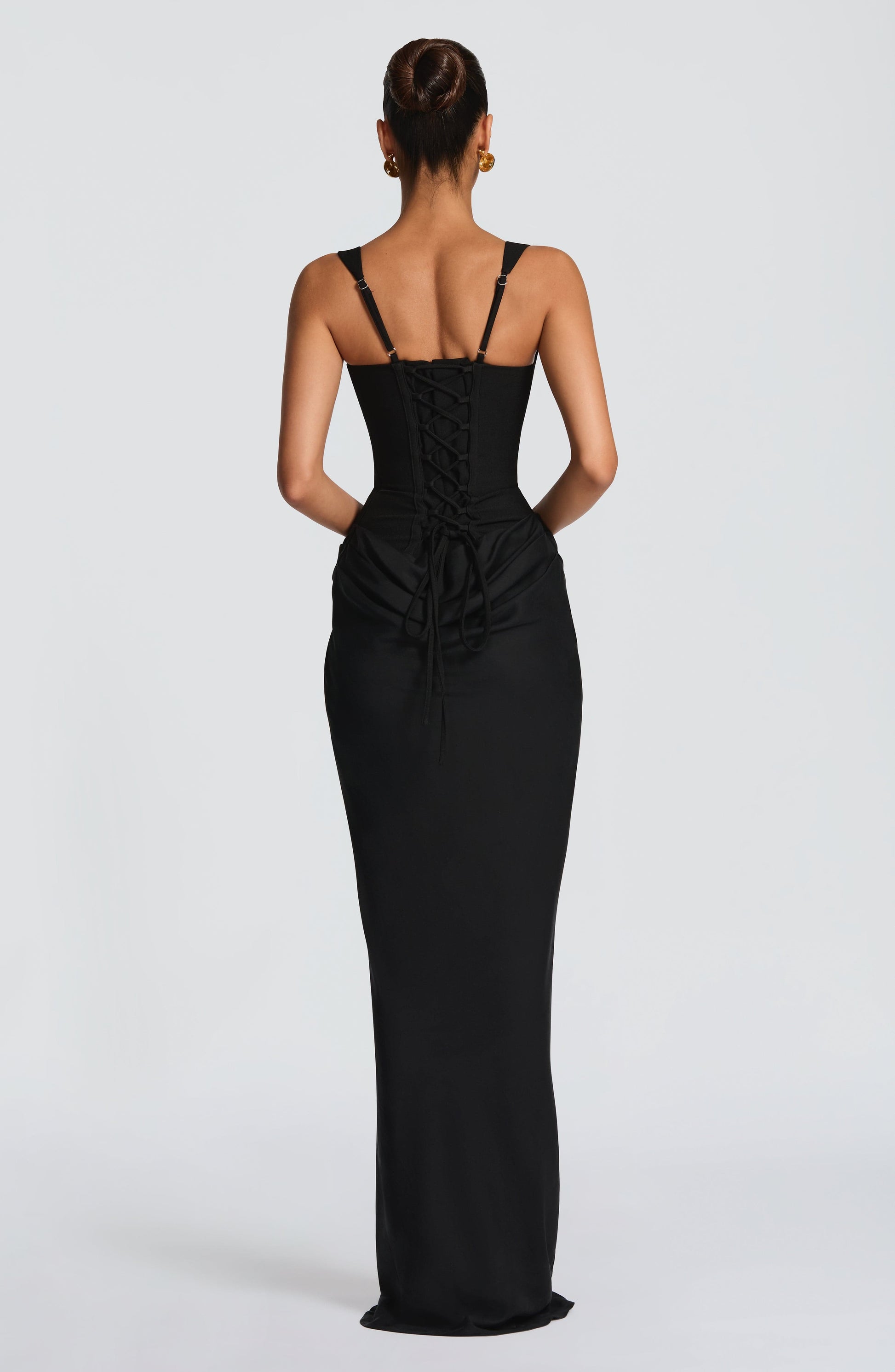 Women black square neck maxi dress, side view