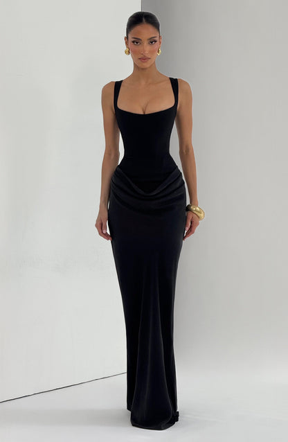 Women black square neck maxi dress, side view