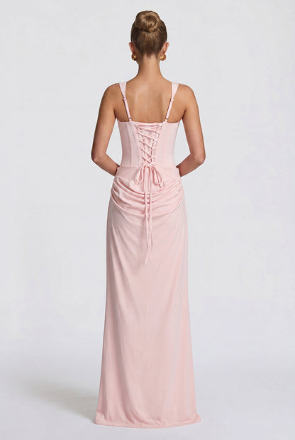 Women square neck maxi dress, back view