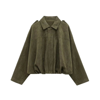 Women green collared jacket, close-up