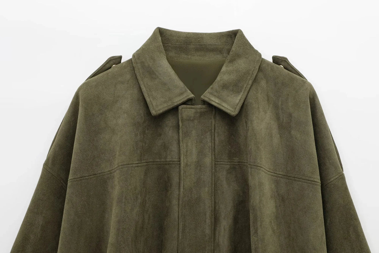 Women green collared jacket, close-up