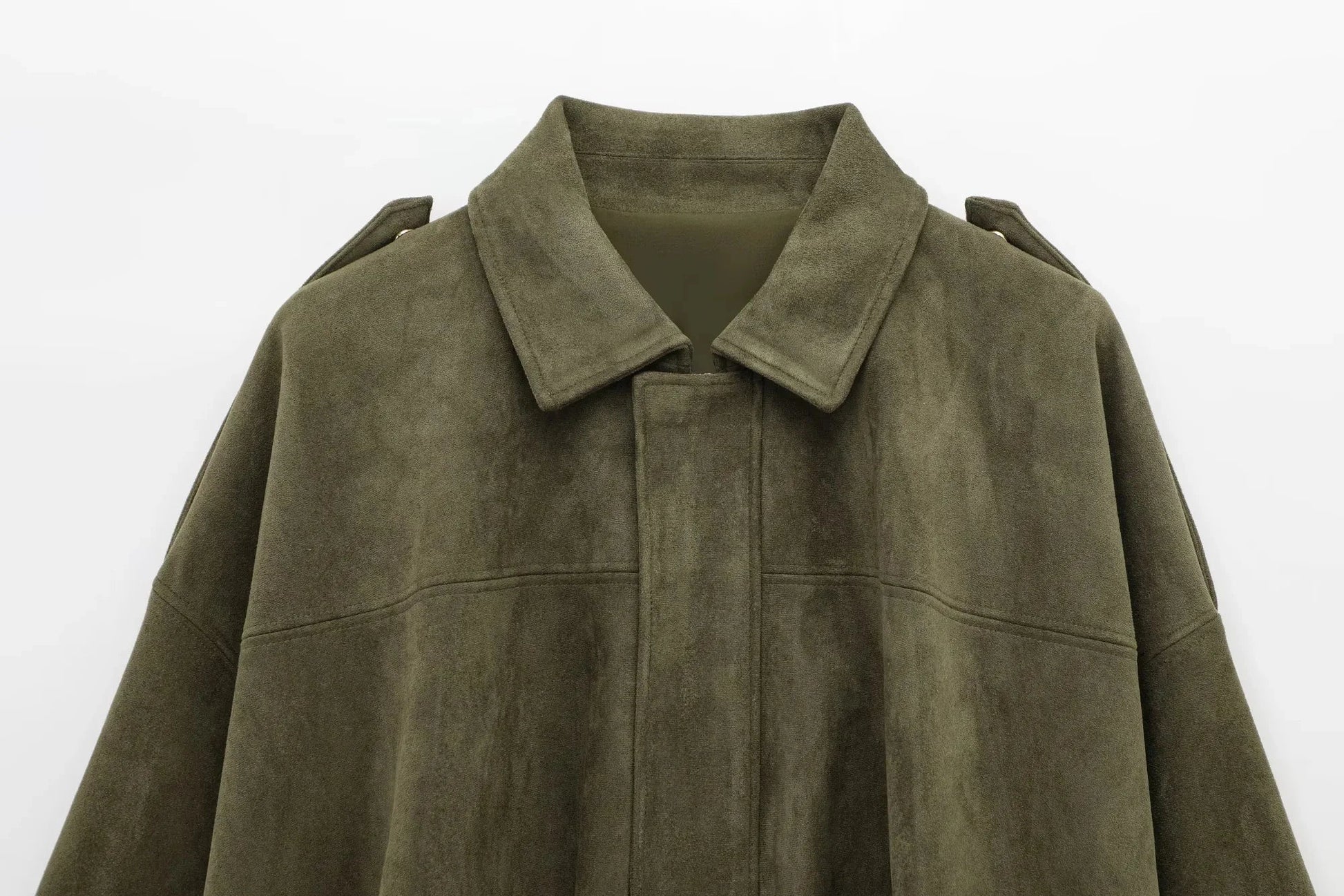 Women green collared jacket, close-up