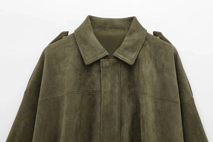 Women green collared jacket, close-up