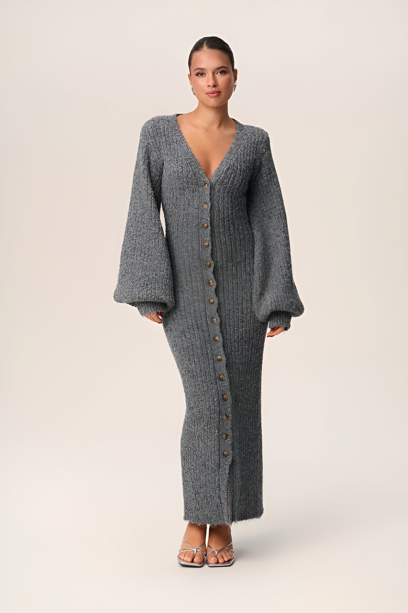 Women dark grey v neck maxi dress, back view