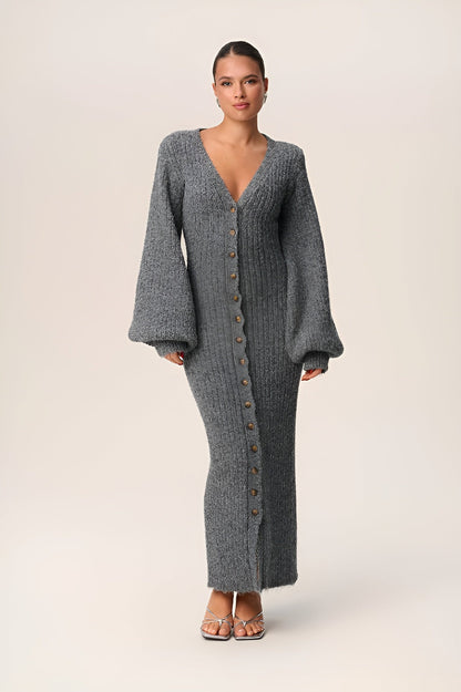 Women dark grey v neck maxi dress, back view