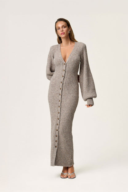 Women light grey v neck maxi dress, side view