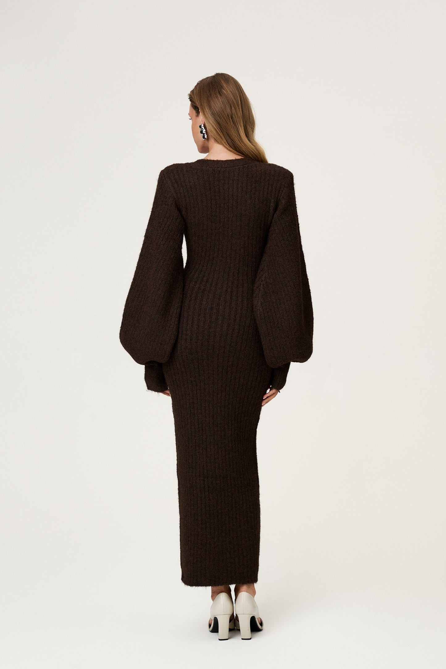 Women dark brown v neck maxi dress, back view
