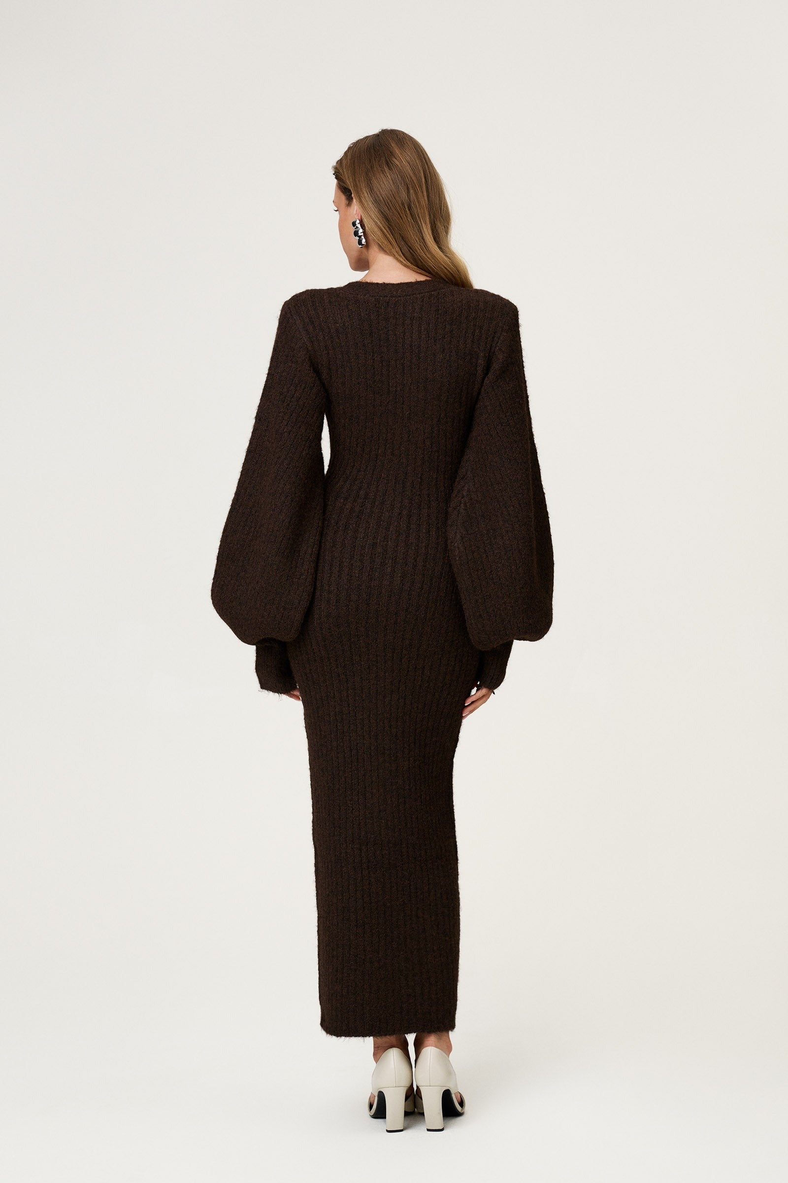 Women dark brown v neck maxi dress, back view