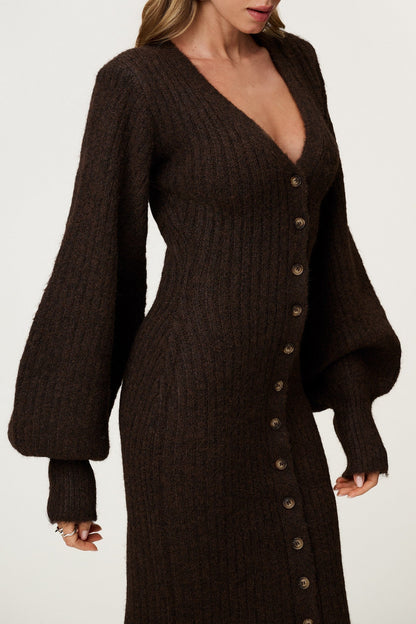Women dark brown v neck maxi dress, detail