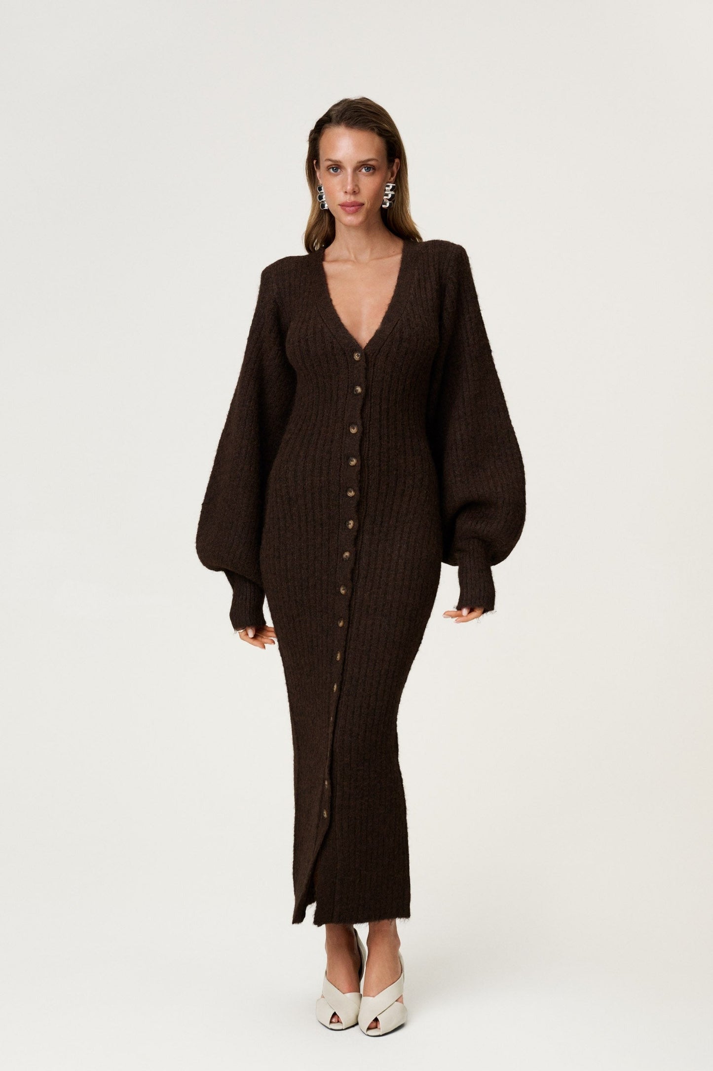 Women dark brown v neck maxi dress, detail