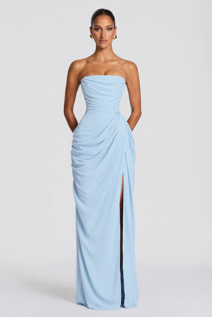 Women strapless maxi dress, side view