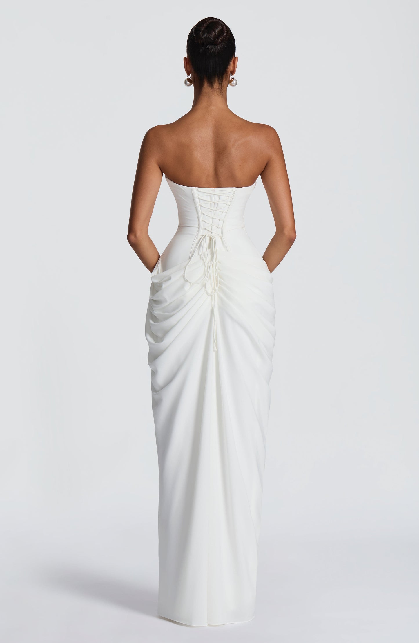 Women ivory strapless maxi dress, back view
