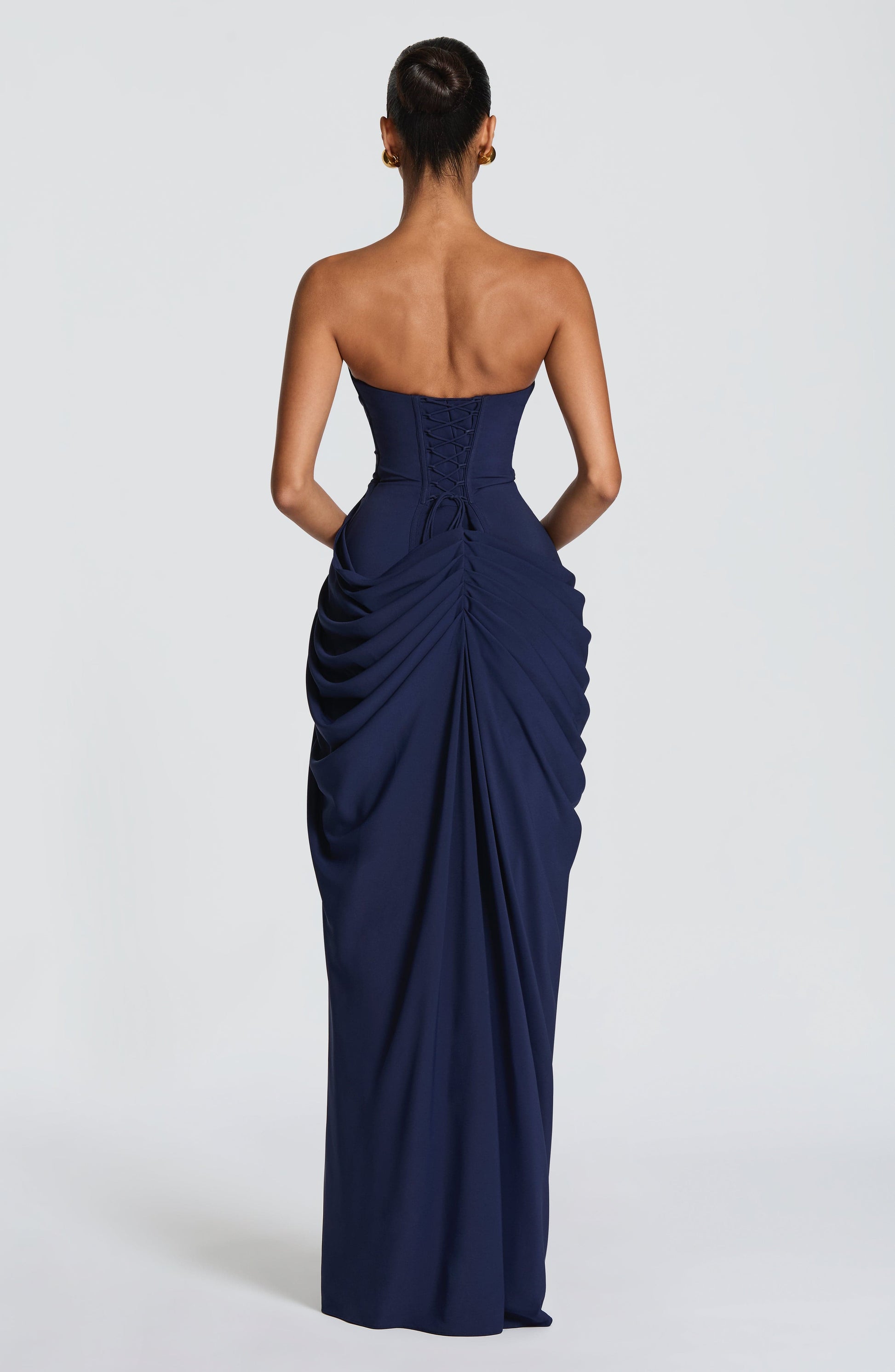 Women navy strapless maxi dress, back view