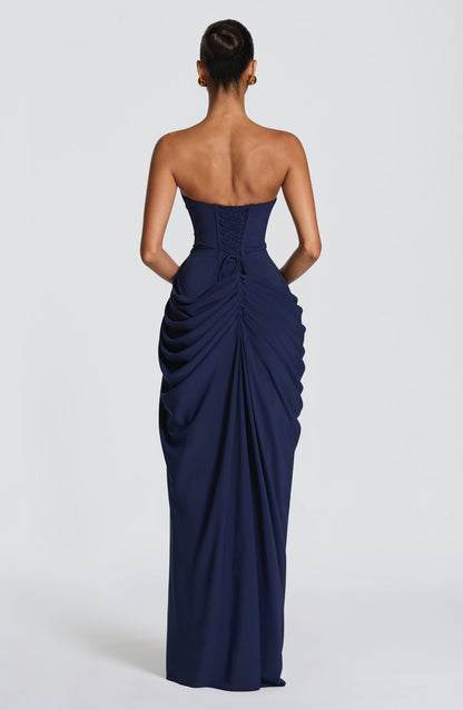 Women navy strapless maxi dress, back view