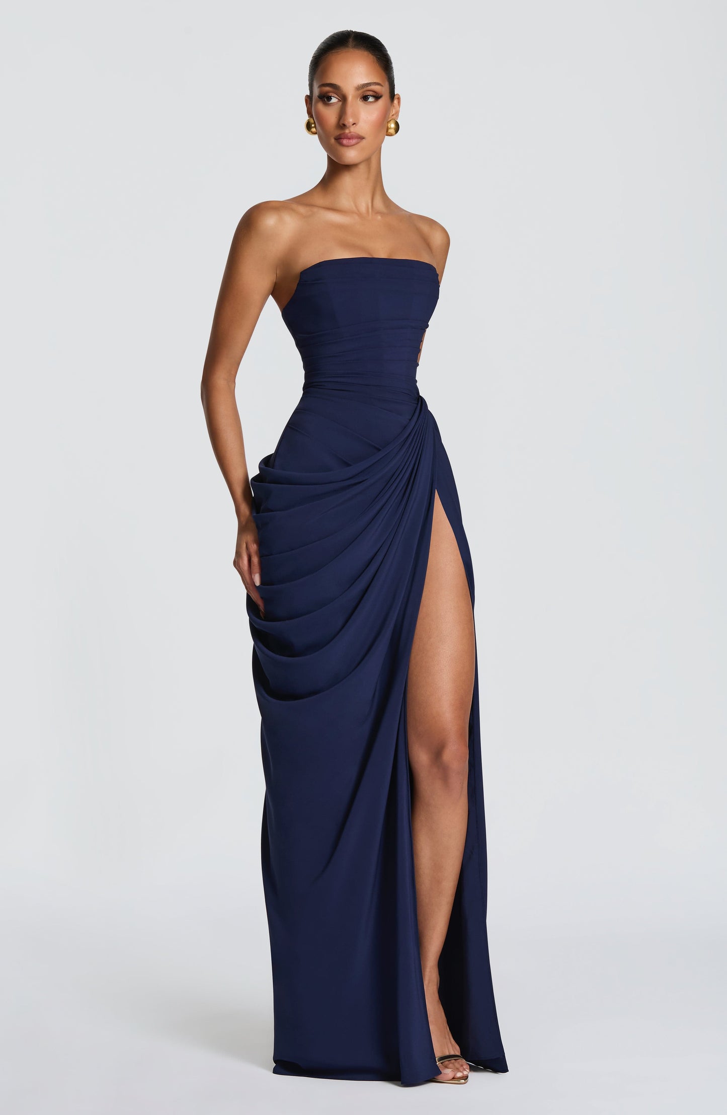 Women navy strapless maxi dress, side view