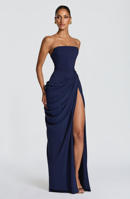 Women navy strapless maxi dress, side view