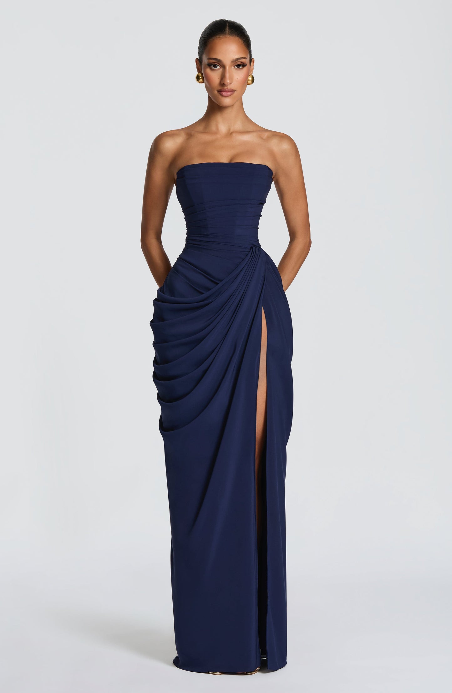 Women navy strapless maxi dress, front view