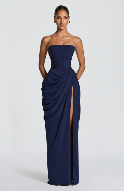 Women navy strapless maxi dress, front view