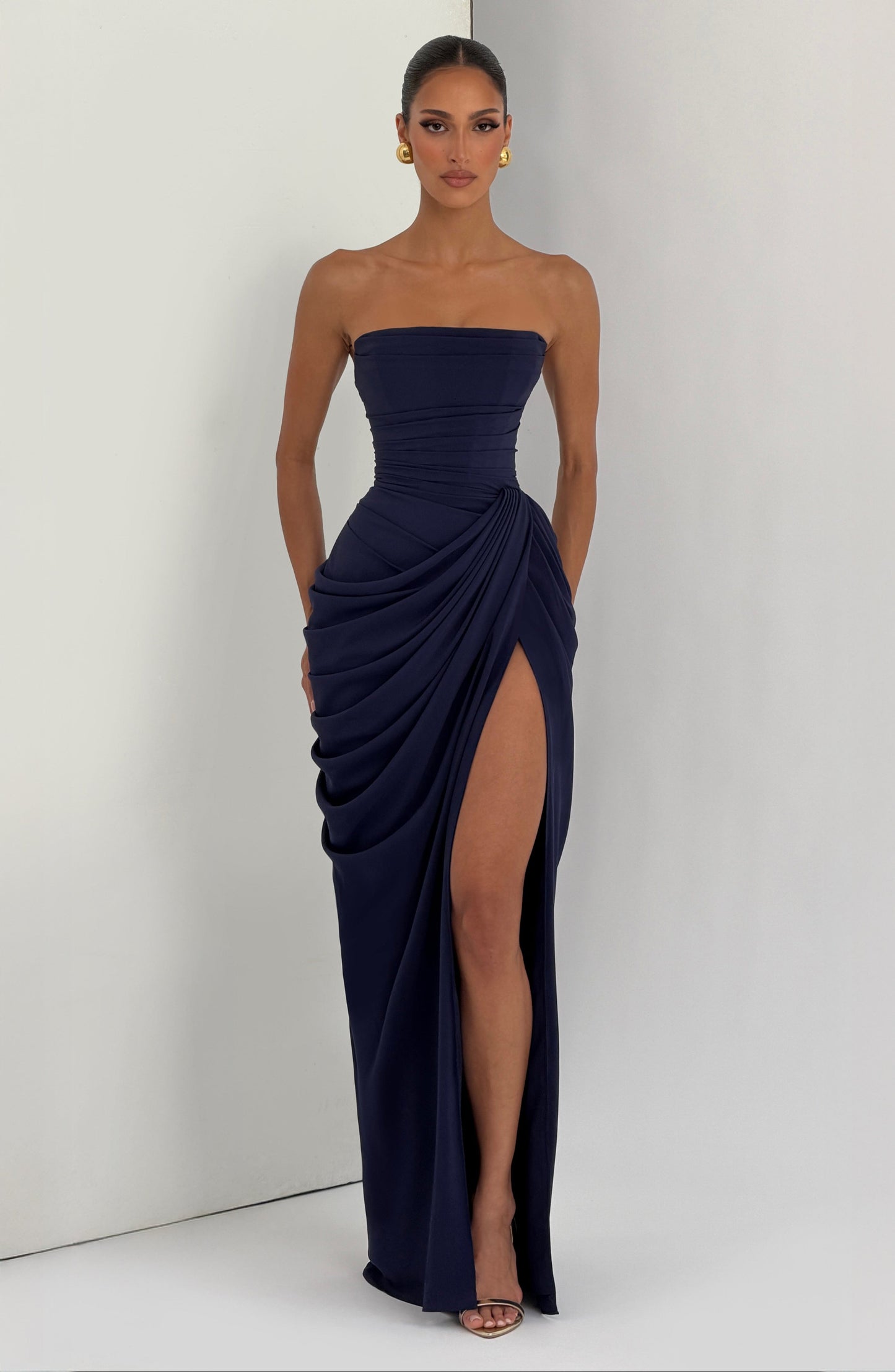 Women navy strapless maxi dress, back view