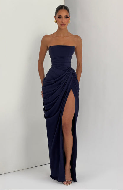 Women navy strapless maxi dress, back view