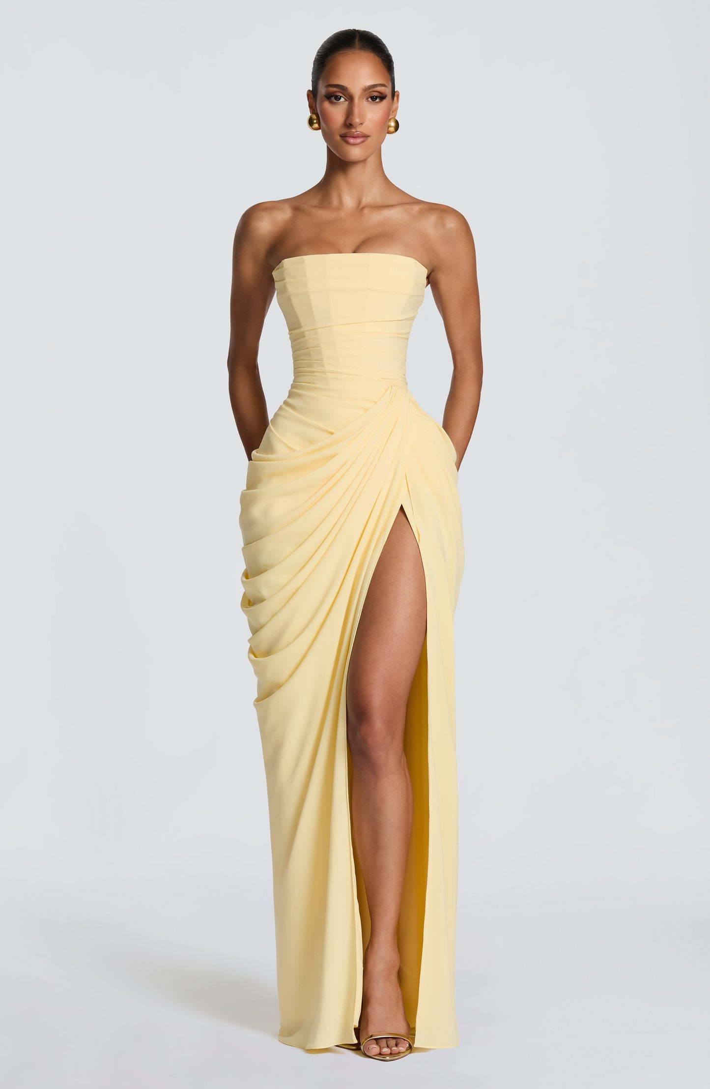 Women strapless maxi dress, side view