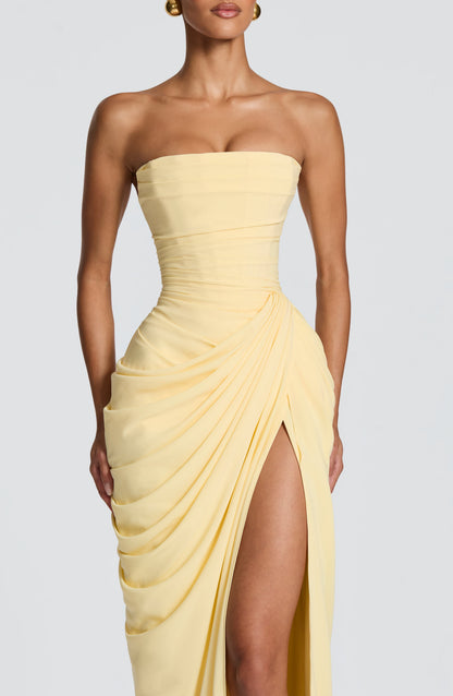 Women strapless maxi dress, side view