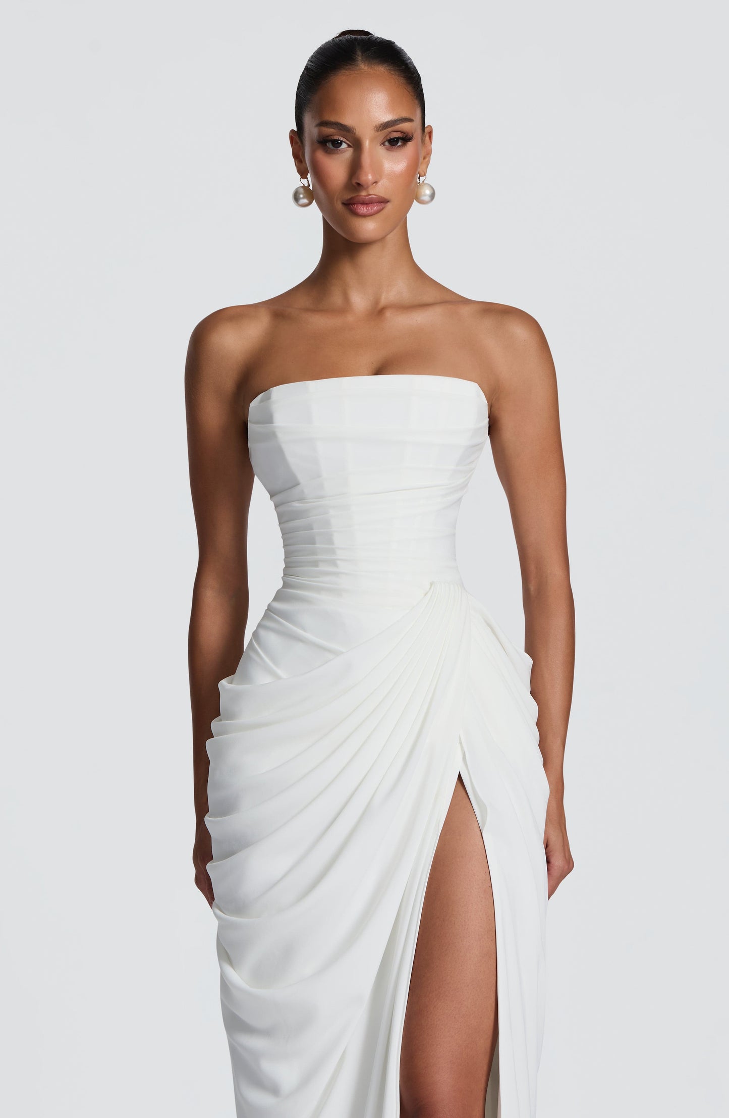 Women ivory strapless maxi dress, detail close-up