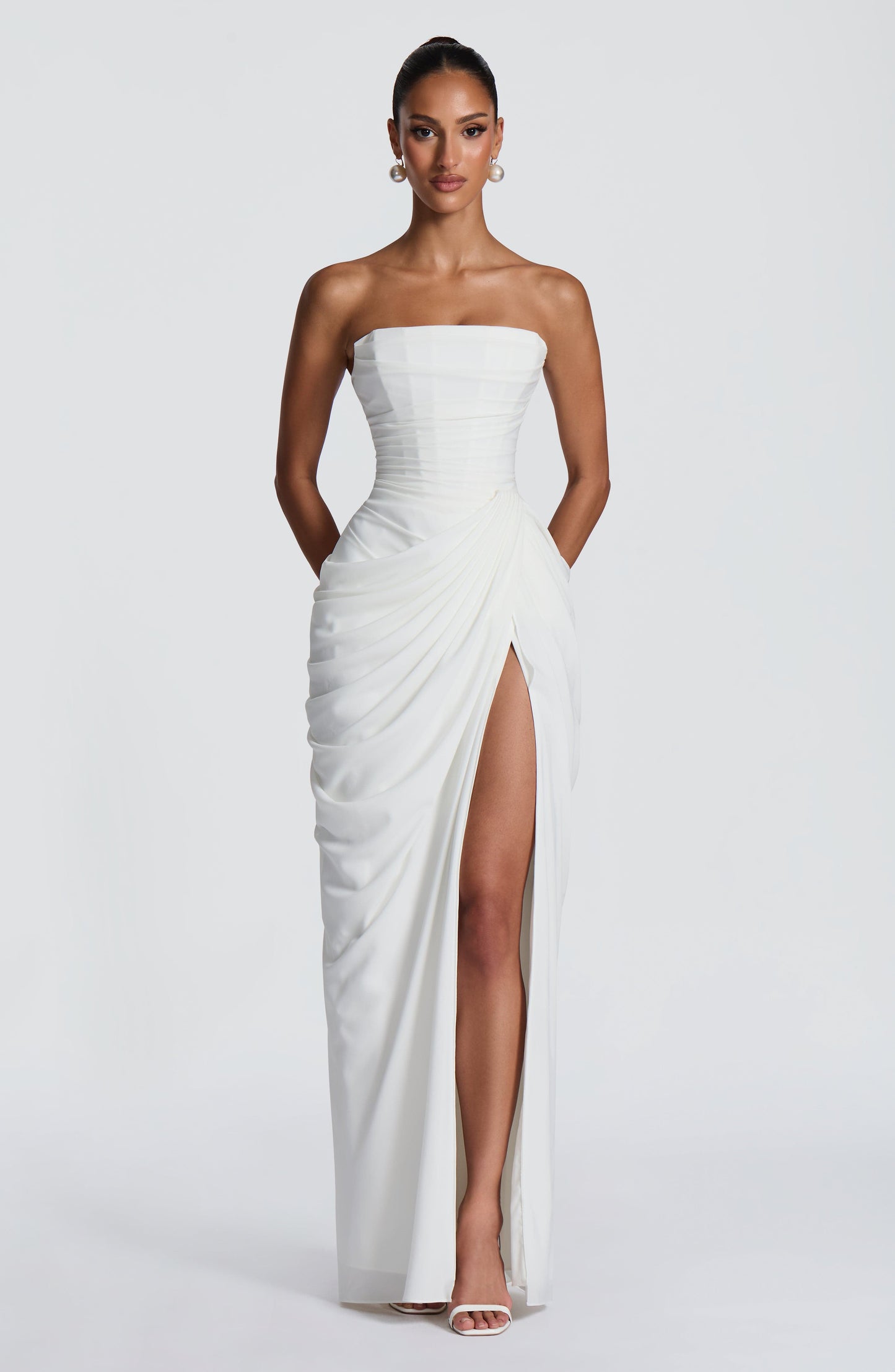 Women ivory strapless maxi dress, front view