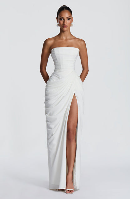 Women ivory strapless maxi dress, front view