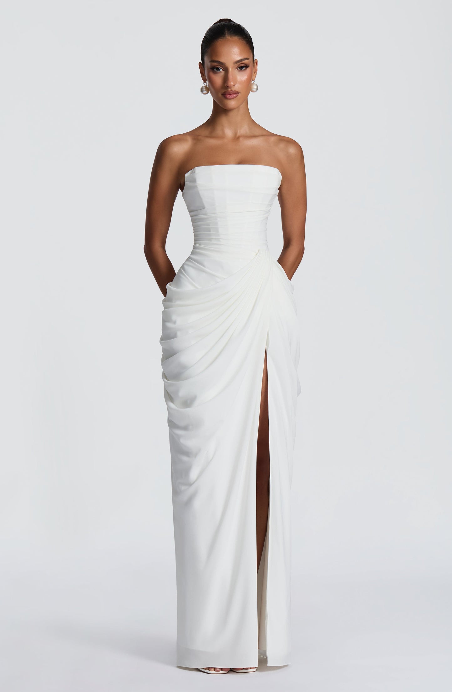 Women ivory strapless maxi dress, back view