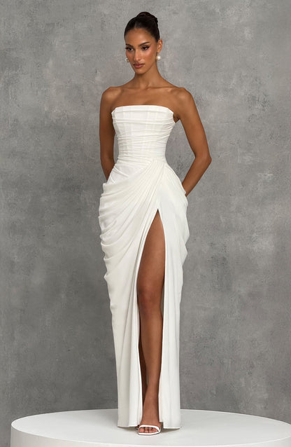Women ivory strapless maxi dress, detail close-up