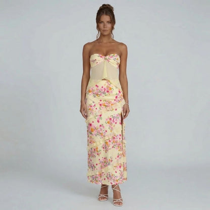 Ivory floral maxi set with bandeau top and tiered ruffle skirt — front view showing structured fit and flowing silhouette.