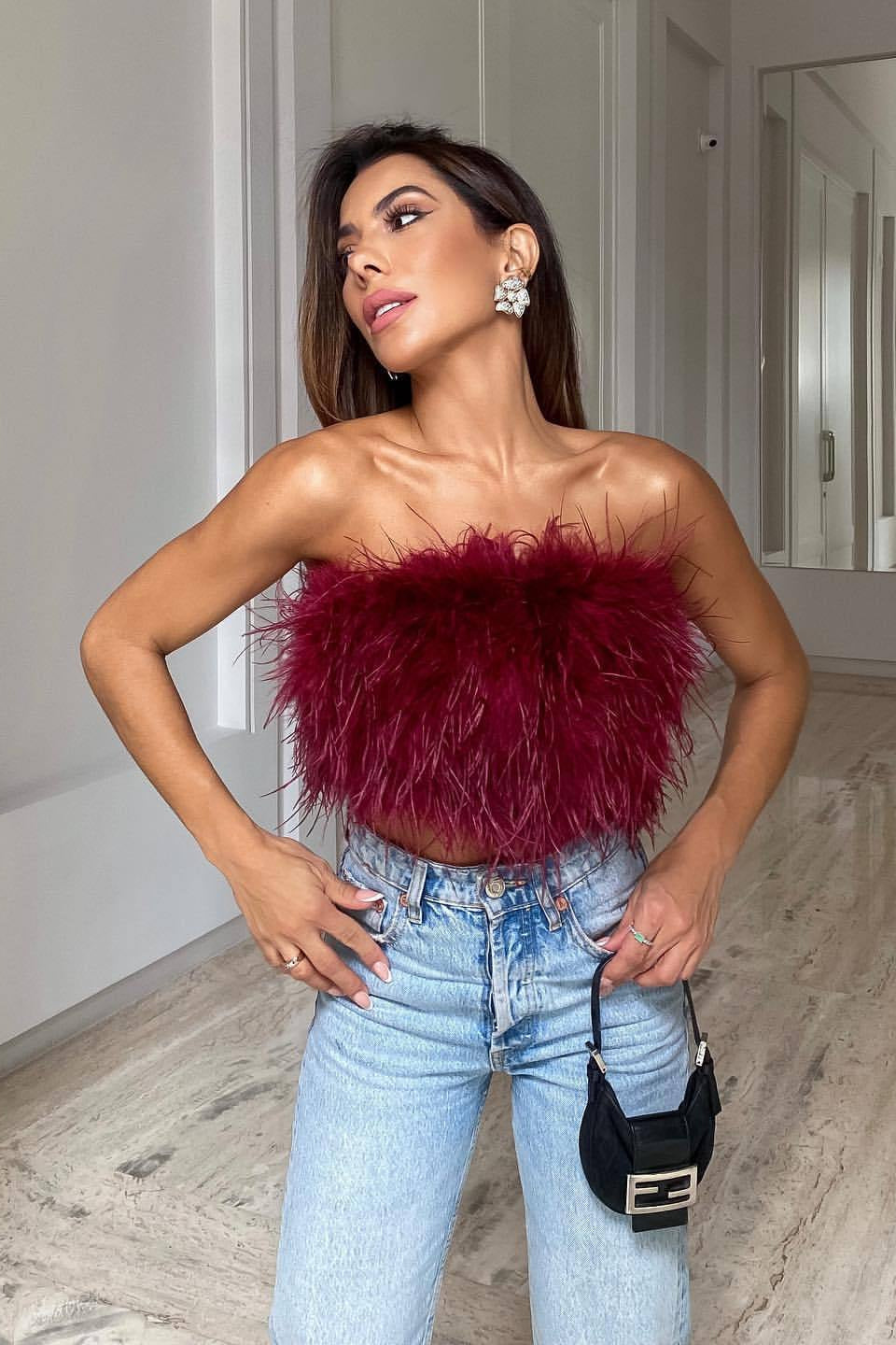 Romee Strapless Feather Top in Pink