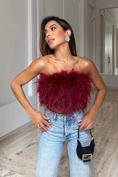 Romee Strapless Feather Top in Pink