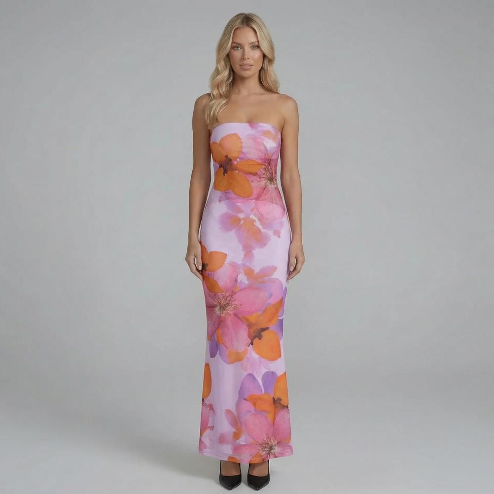 Light purple floral strapless maxi dress with sculpted fit — front detail.