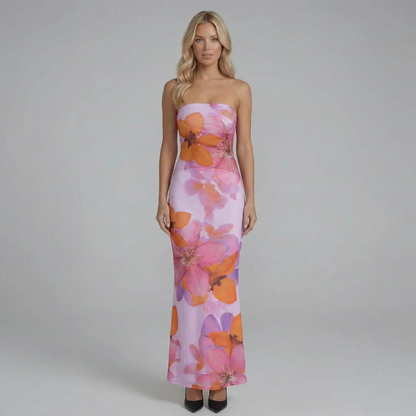 Light purple floral strapless maxi dress with sculpted fit — front detail.