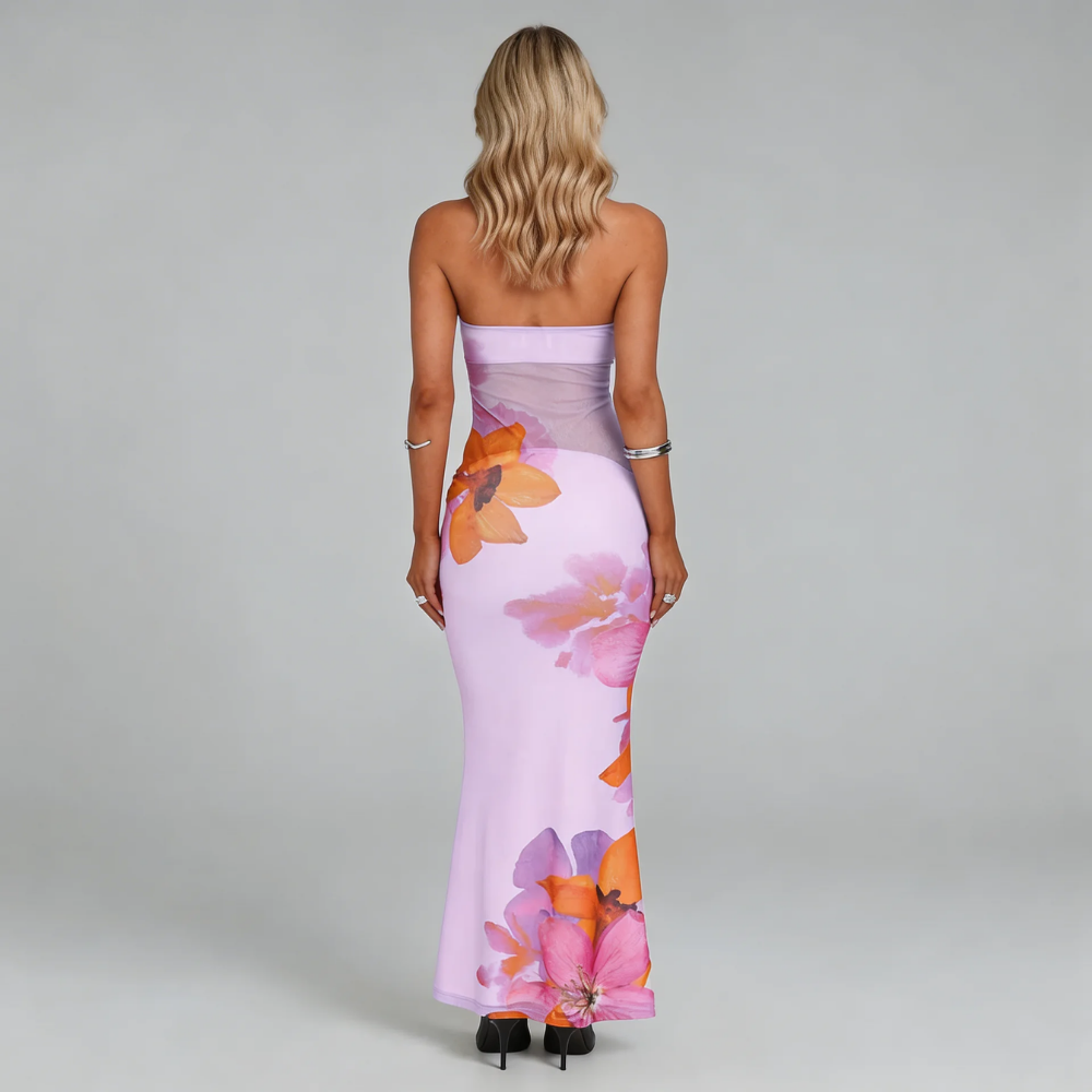 Purple floral maxi dress — back view featuring mesh waistband.