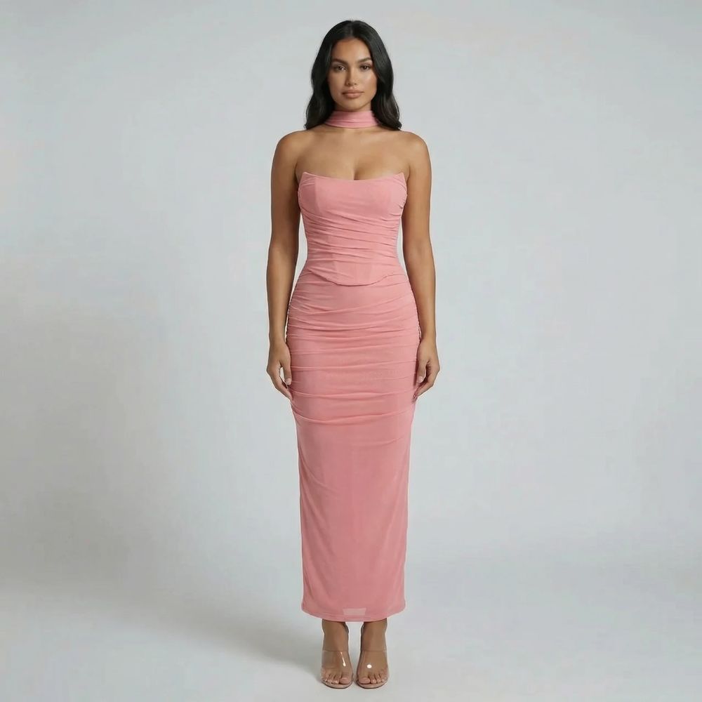 Pink ruched maxi dress with sweetheart neckline and structured bodice — full-length front view.
