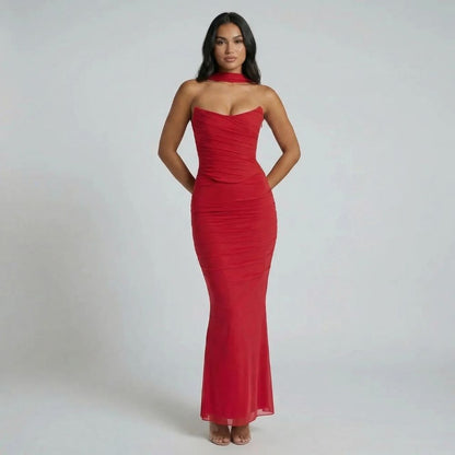 Red ruched maxi dress with sweetheart neckline and choker scarf — front view showcasing silhouette.