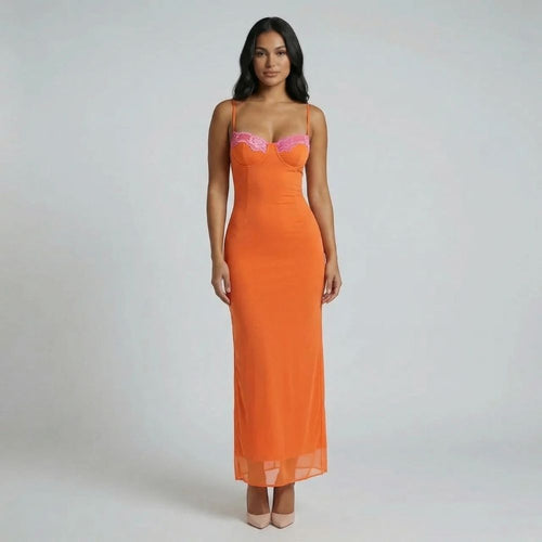 Orange mesh bustier maxi dress with lace trim — front view showing fitted silhouette and mesh hem.