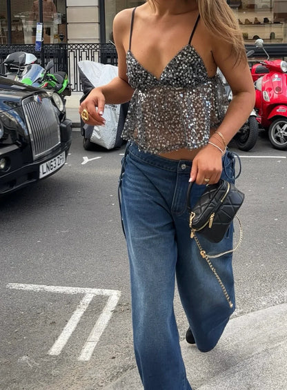 Rylee Sequin Spaghetti Top in Black