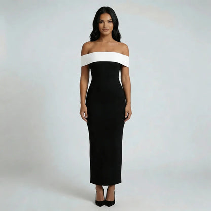 Black off-shoulder midi dress with white foldover neckline — front view showing fitted silhouette.